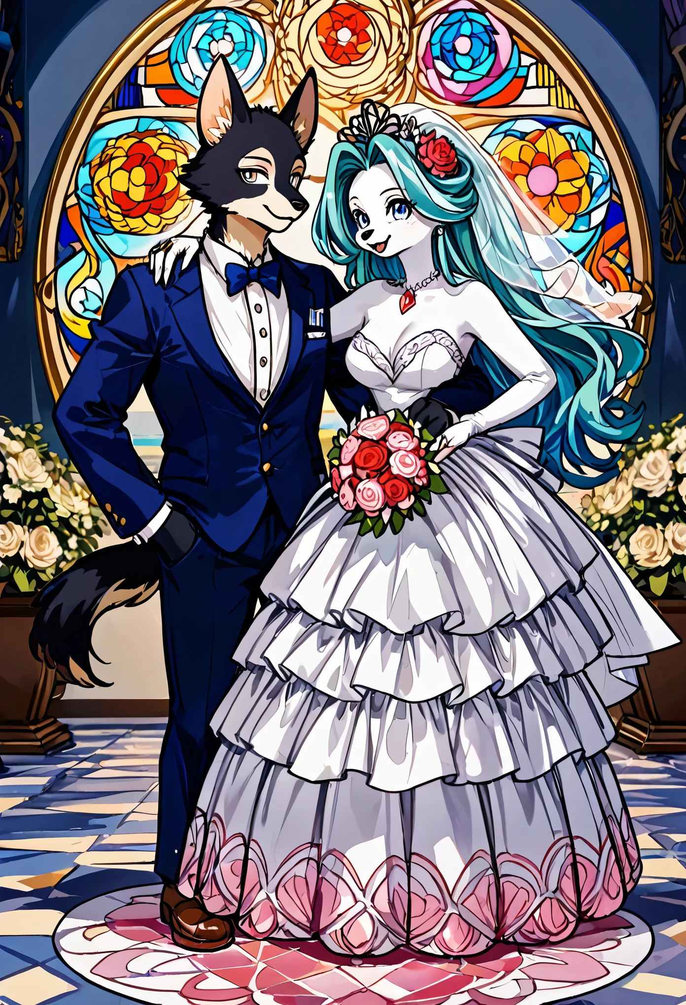 Top quality, ultra-fine illustrations(associations, colorful stained glass with shimmering light, kaleidoscope, wedding aisles lined with jewel-like lamps)(very detailed and beautiful faces, very detailed and beautiful eyes, eyes with lively brilliance)absurdres, perfect anatomy(angelic cute 1girl, kemono, angelic handsome 1boy, couple)(happy wedding, husband in tuxedo, beastman wife in wedding dress, husband hugging wife's shoulders, Two people staring at each other and smiling, wedding photo, bouquet of beautiful flowers, shining wedding ring on ring finger)(furry anthro:1.7)(furry body, animal face features, animal body features)(very detailed fur)full body, smile (dynamic pose),