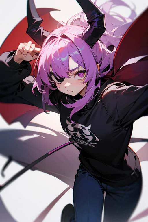 daughter of a powerful angel and a demon and who is in her 4th reincarnation living on earth, she has one eye covered, she wears a dark-colored sweatshirt and pants.