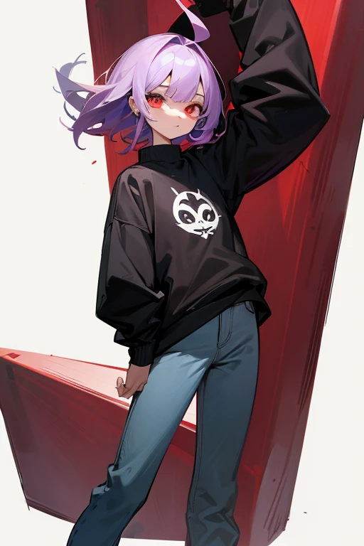 daughter of a powerful angel and a demon and who is in her 4th reincarnation living on earth, she has one eye covered, she wears a dark-colored sweatshirt and pants.