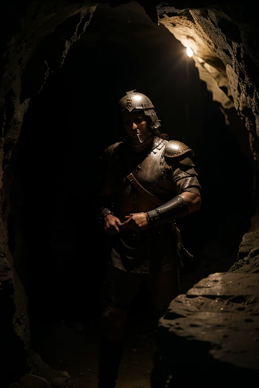 A Roman soldier armed only with a knife in out of a scary cave Black and dark