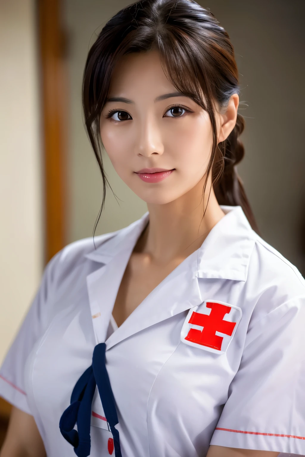 solo、Model Body Type、Well-trained abdominal muscles、Beautiful woman、Model face、Beautiful Faces、high resolution(8K)、Hyper Detail、Japanese、Large Breasts(1:2)、Nurse uniform with the Red Cross mark、A room in the hospital、Wet Hair、Wet body