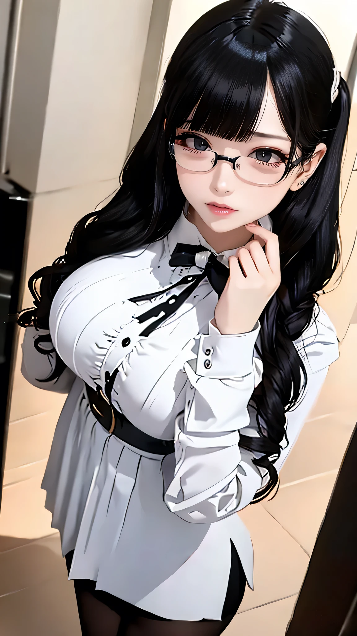 1woman,random office lady fashion,(Thin type),(large breasts),(random sexy pose),(random hairstyle),(Highest image quality,(8K), Ultra-realistic, Best Quality, High quality, High Definition, high quality texture, high detailing, Beautiful detailed, fine detailed, extremely details CG, Detailed texture, realistic representation of face, masterpiece, presence),(wearing glasses:1.2),black pantyhose