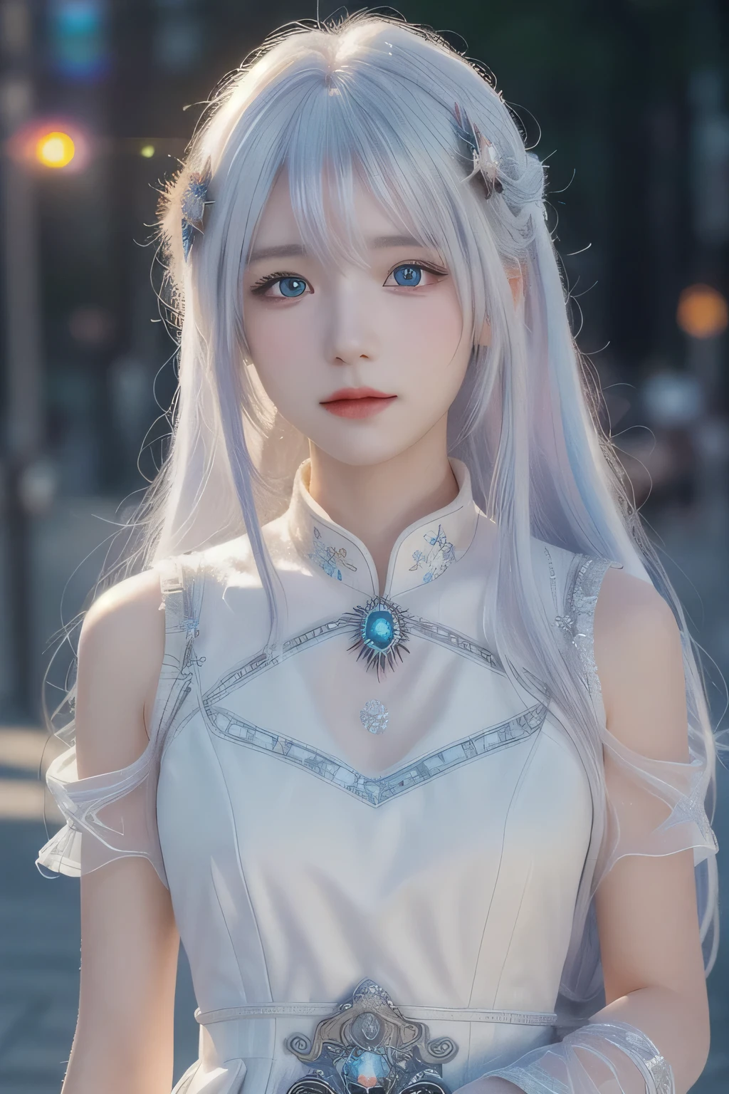 ((best quality)), ((masterpiece)), Snow mountain,((ultra-detailed)), extremely detailed CG, (illustration), blizzard, ((detailed light)), (an extremely delicate and beautiful), 1girl, solo, ((cowboy shot)), ((cute face)),(beautiful detailed eyes), red eyes,white hair, shiny hair, colored inner hair,Ice rose,Ice hair ornaments,adorns,depth of field, [ice crystal], caustics,lens flare,bokeh, crystal,((floating hair)), ((chromatic aberration)), ((caustic)),((disheveled hair)),watercolor_(medium),detailed background,fluttered detailed splashs, city street, busy city, full of people beautiful dress, walking, street view