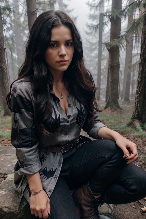 Melissa Ponzio, Melissa McCall, Teen Wolf, 40 years old, long curly and messy black hair, brown eyes, red blouse with star pattern, dark black jeans, black boots, silver pendant, white wolf print. Forest background with fog aura around black color.