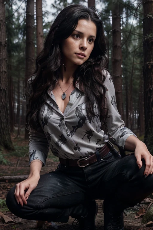 Melissa Ponzio, Melissa McCall, Teen Wolf, 40 years old, long curly and messy black hair, brown eyes, red blouse with star pattern, dark black jeans, black boots, silver pendant, white wolf print. Forest background with fog aura around black color.