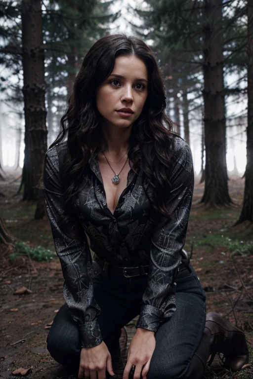 Melissa Ponzio, Melissa McCall, Wolf, 40 years old, long curly and messy black hair, brown eyes, red blouse with star pattern, dark black jeans, black boots, silver pendant, white wolf print. Forest background with fog aura around black color.