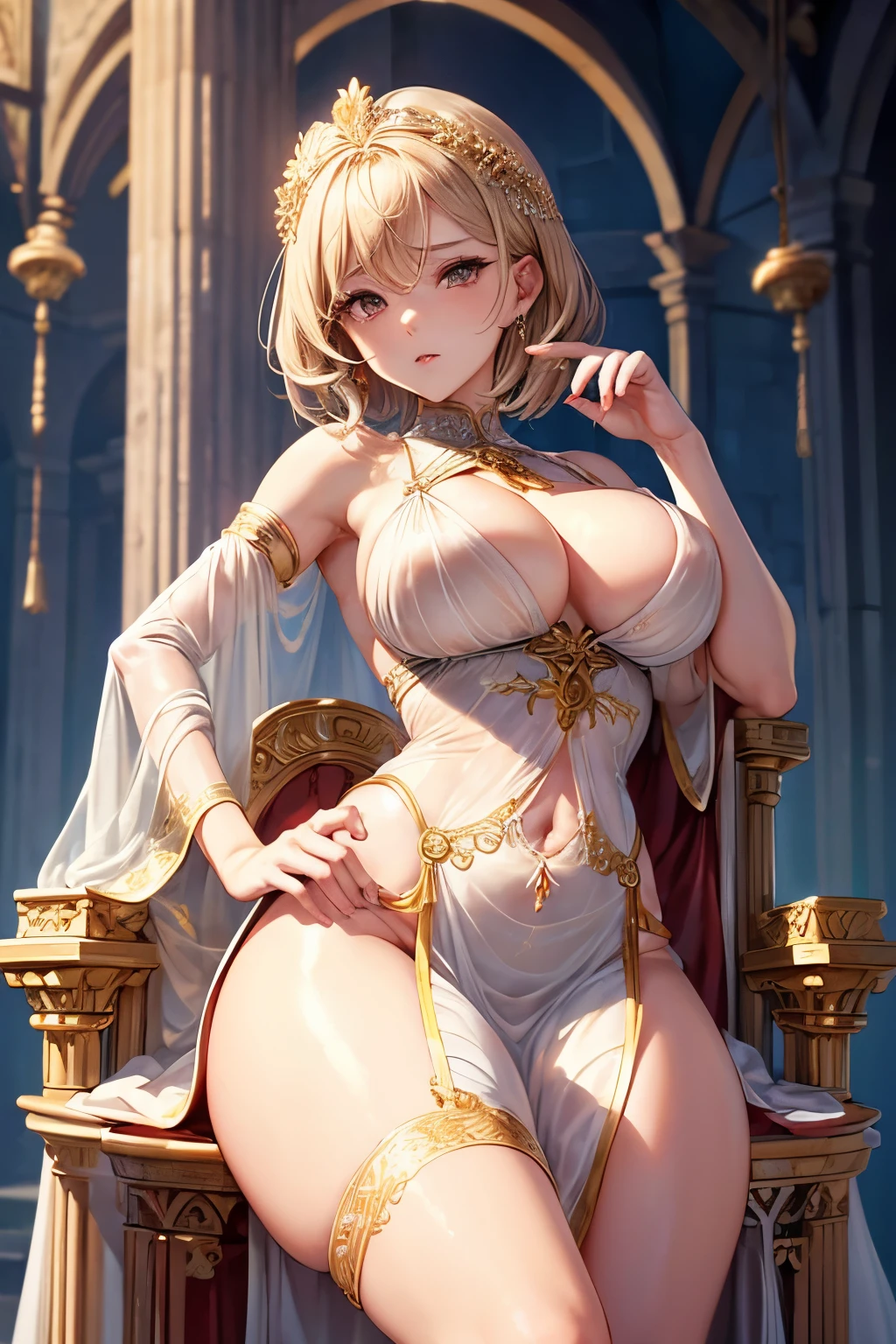 (Ancient greek goddess:1.1), (medium hair)), (short blonde hair), (red eyes), (white string skimpy dress:1.1), (see-through dress:1.2), (round shaped tits), (smooth skin), (round breasts), (bubble butt), (wide hips:1.1), (slim waist:1.1), (thick thighs:1.1), (detailed face and eyes:1.2), (sitting on throne in castle), (centered in frame), (open legs), (jewelry and accessories:1.1), (detailed hand and finger:1.2), (medium breasts:1.2), (busty), (deep cleavage:1.2), (labia outline:1.3), (hard teat:1.3).