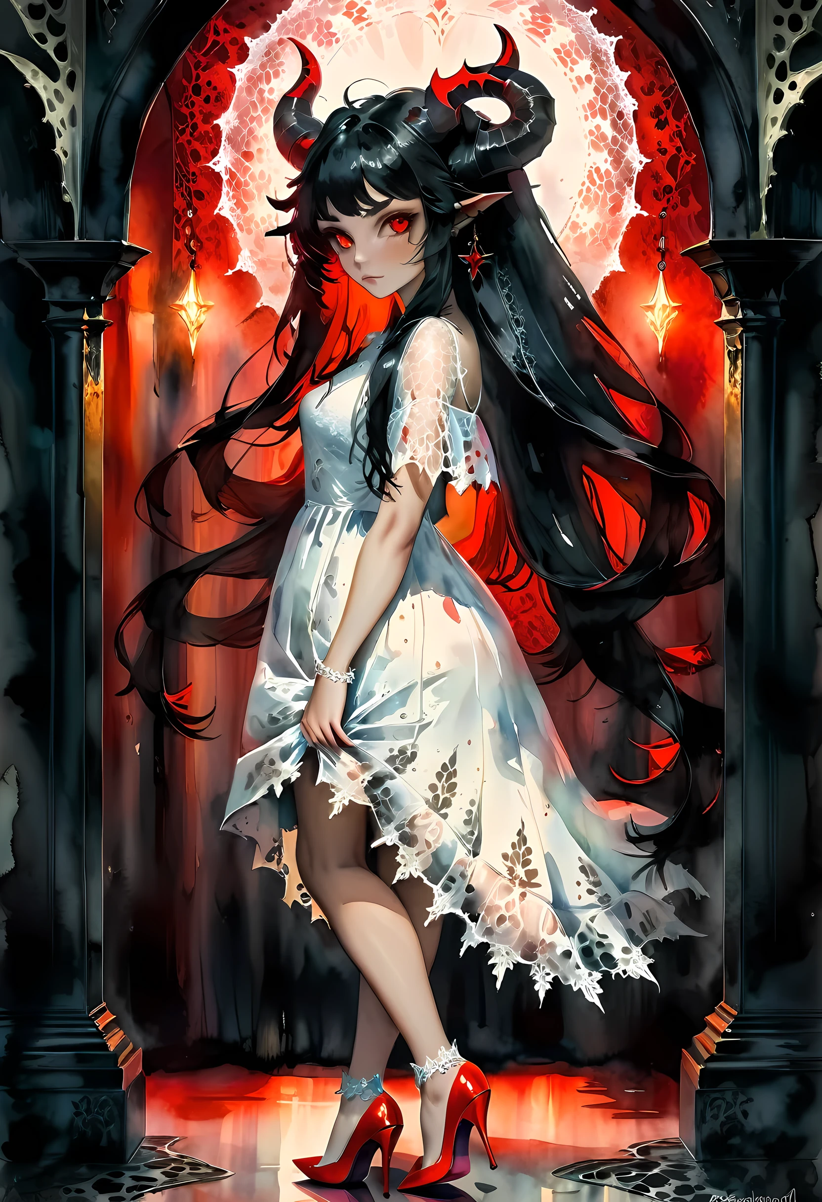 epic good looking succubus wearing a (white lace: 1.5) dress (intense details, Masterpiece, best details: 1.6),, offering a gold and red diamond ring in hand (intense details, Masterpiece, best details: 1.6), full body (intense details, Masterpiece, best details: 1.6), ultra detailed face (intense details, Masterpiece, best details: 1.5),standing in the door entrance, holding a red and gold ring (intense details, Masterpiece, best details: 1.6), black hair, long hair, red eyes, glowing eyes, small horns, red high heels, dim light, high details, best quality, 8k, [ultra detailed], masterpiece, best quality, (extremely detailed), ultra wide shot, (watercolor paint: 1.3), gothic art, sense of darkness, sense of seduction, fiery magic symbols (intense details, Masterpiece, best details: 1.6),in the background, lace drawing, Dark Art Painting Style, dark, black and color, traditional watercolor painting