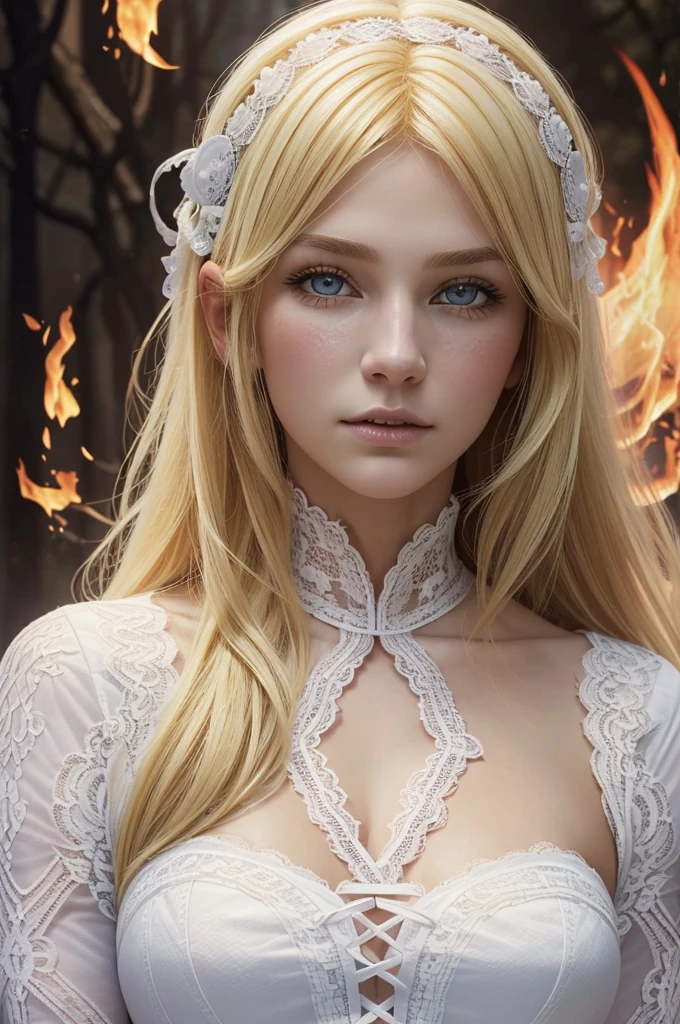 Masterpiece, best quality, (beautiful face: 1.1), (realistic: 1.5) (blonde witch, 20 years old woman, fire magic: 1.3), upper body, (white lace:1.5)