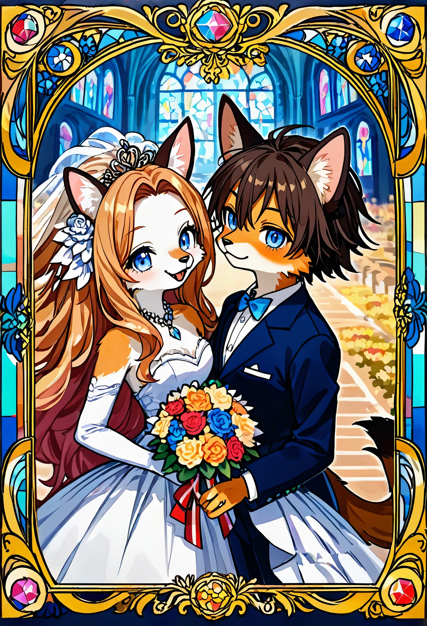 Top quality, ultra-fine illustrations(associations, colorful stained glass with shimmering light, kaleidoscope, wedding aisles lined with jewel-like lamps)(very detailed and beautiful faces, very detailed and beautiful eyes, eyes with lively brilliance)absurdres, perfect anatomy(angelic cute 1girl, kemono, angelic handsome 1boy, couple)(happy wedding, husband in tuxedo, beastman wife in wedding dress, husband hugging wife's shoulders, Two people staring at each other and smiling, wedding photo, bouquet of beautiful flowers, shining wedding ring on ring finger)(furry anthro:1.7)(furry body, animal face features, animal body features)(very detailed fur)full body, smile (dynamic pose),