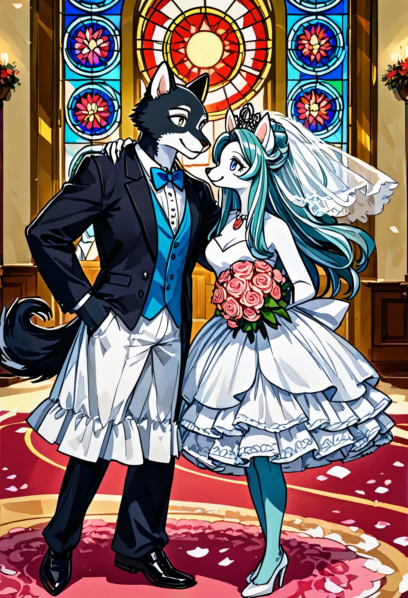 Top quality, ultra-fine illustrations(associations, colorful stained glass with shimmering light, kaleidoscope, wedding aisles lined with jewel-like lamps)(very detailed and beautiful faces, very detailed and beautiful eyes, eyes with lively brilliance)absurdres, perfect anatomy(angelic cute 1girl, kemono, angelic handsome 1boy, couple)(happy wedding, husband in tuxedo, beastman wife in wedding dress, husband hugging wife's shoulders, Two people staring at each other and smiling, wedding photo, bouquet of beautiful flowers, shining wedding ring on ring finger)(furry anthro:1.7)(furry body, animal face features, animal body features)(very detailed fur)full body, smile (dynamic pose),