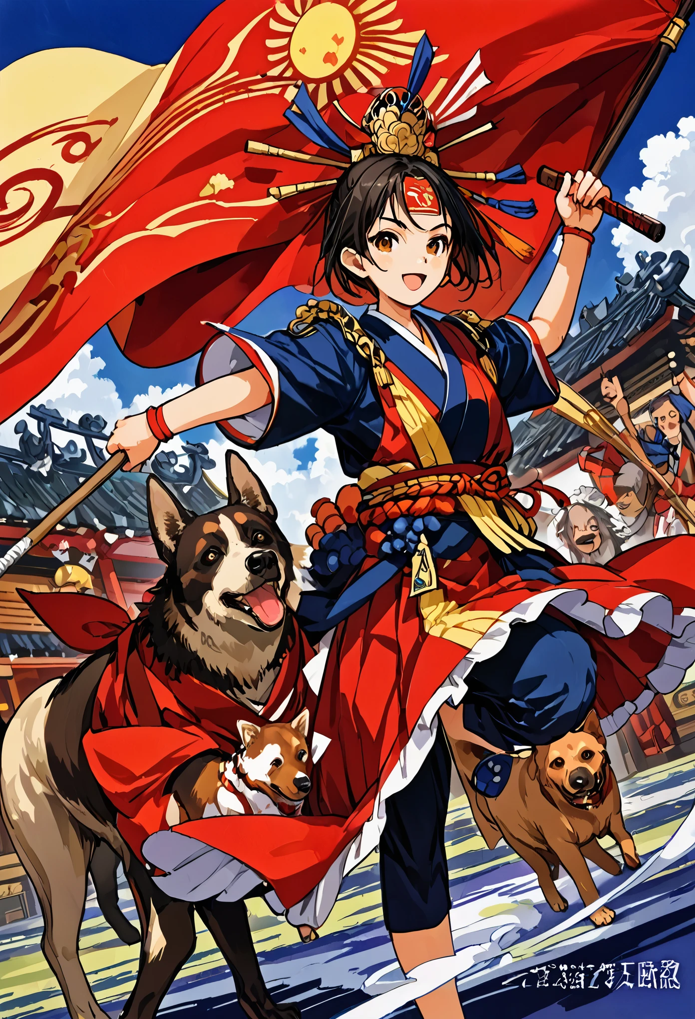 (masterpiece, top quality, best quality)dynamic scene from the Japanese folktale 'Momotaro', showing Momotaro fighting alongside his animal companions, a dog, a monkey, and a pheasant, against the ogres, The scene should be set on the Ogre Island, with Momotaro wearing traditional Japanese warrior clothing, holding a flag with the peach emblem, The animals should be actively participating in the battle, and ogres should appear menacing but not too scary, suitable for a children's book illustration, The style should be vibrant and detailed, capturing the energy and bravery of the legendary tale,