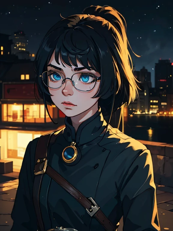 (best quality,realistic:1.37),(ultra-detailed),(HDR),a young girl ,black hair,medium bob with bangs,beautiful detailed blue eyes,round glasses,pale skin,city,night