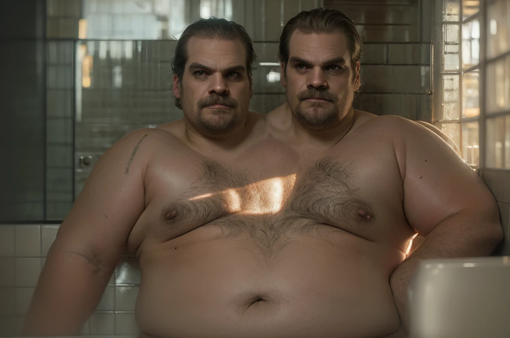(((2heads))), solo, ((((david harbour)))), middle aged, male, short graying hair, ((obese, overweight, fat, chubby, heavy, dadbod)), ((nude)), navel, body hair, dreamy atmosphere, dark cyan and red, i can't believe how beautiful this is, serene atmosphere, epic realistic, soft cinematic light, hdr, intricate, highly detailed, (depth of field:1.4), faded, (neutral colors:1.2), (hdr:1.4), (muted colors:1.2), hyperdetailed, (artstation:1.4), cinematic, dramatic light, (intricate details:1.1), bathroom stall scenery, (rutkowski:0.66), (intricate details, hyperdetailed:1.15) (skin texture:1.2), detailed expressions, natural pose, sitting on toilet