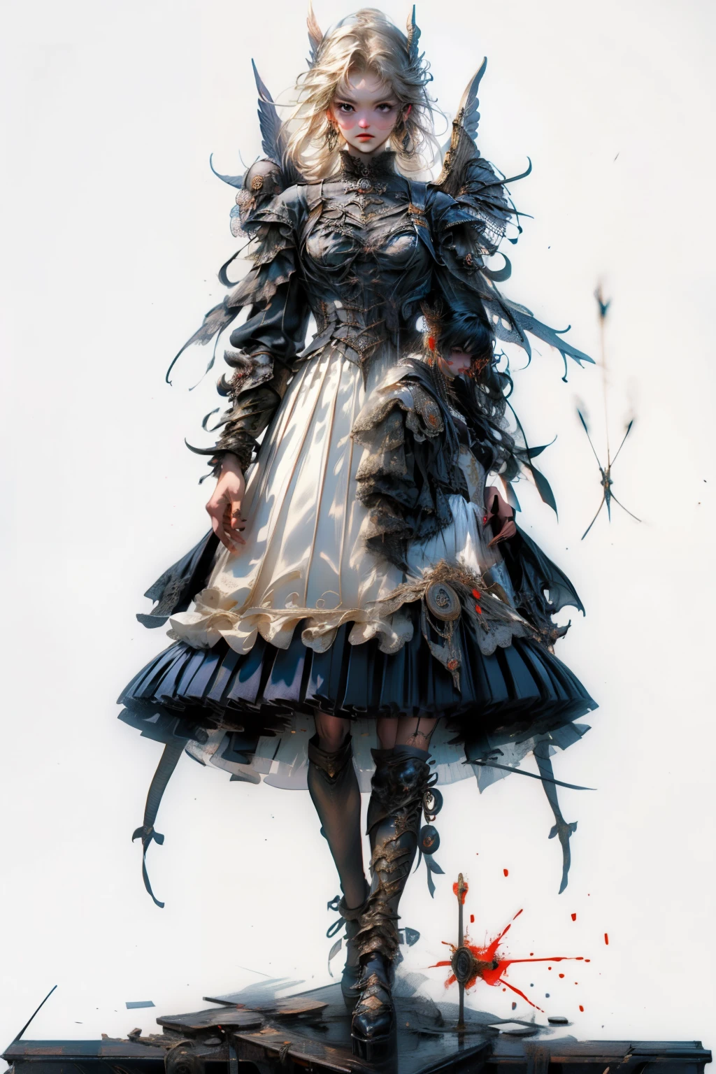 ((best quality)), ((masterpiece)), (detailed), blank white background, plain background, white background, Bloodborne inspired, occult aesthetic, occult, detailed and intricate steampunk and detailed gothic, NSFW, Very dramatic and cinematic lighting, cosmic horror, grim-dark, side-lighting, perfect face, a beaituful goddess valkyrie adorned and enshrined in armour, Bloodborne inspired valkyrie, occult aesthetic valkyrie, occult valkyrie, detailed and intricate steampunk and detailed gothic valkyrie, NSFW, Fluttering lace flared long knee length dress with frilly petticoats, knee length dress, pleated petticoats, lolita dress, petticoats gothic lolita, side-lighting, gothic lolita aesthetic, beautiful small breasts, small breasts, full body, whole body, body, plain background, white background, blank background, no background, white background