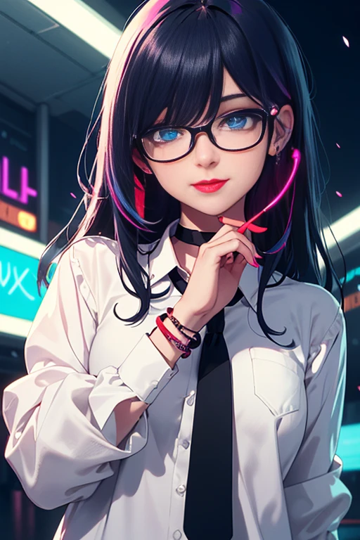 ((best quality)), ((masterpiece)), detailed eyes, perfect face, female, gamer girl, aqua eyes, cherry-red lips, light smile, long black hair with purple streaks, nerdy glasses with black lens frame, bangs, choker, bracelet, sleeves past fingers, white shirt, red tie, nighttime, neon lights, colorful lights