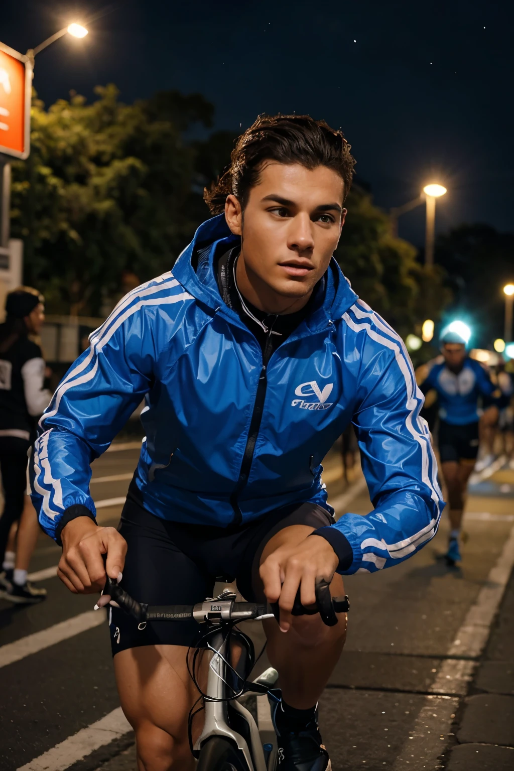 Corrida de ciclismo numa noite escura, muitos ciclistas homens adolescentes. Adolescentes ciclistas numa corrida igual a Windbreaker