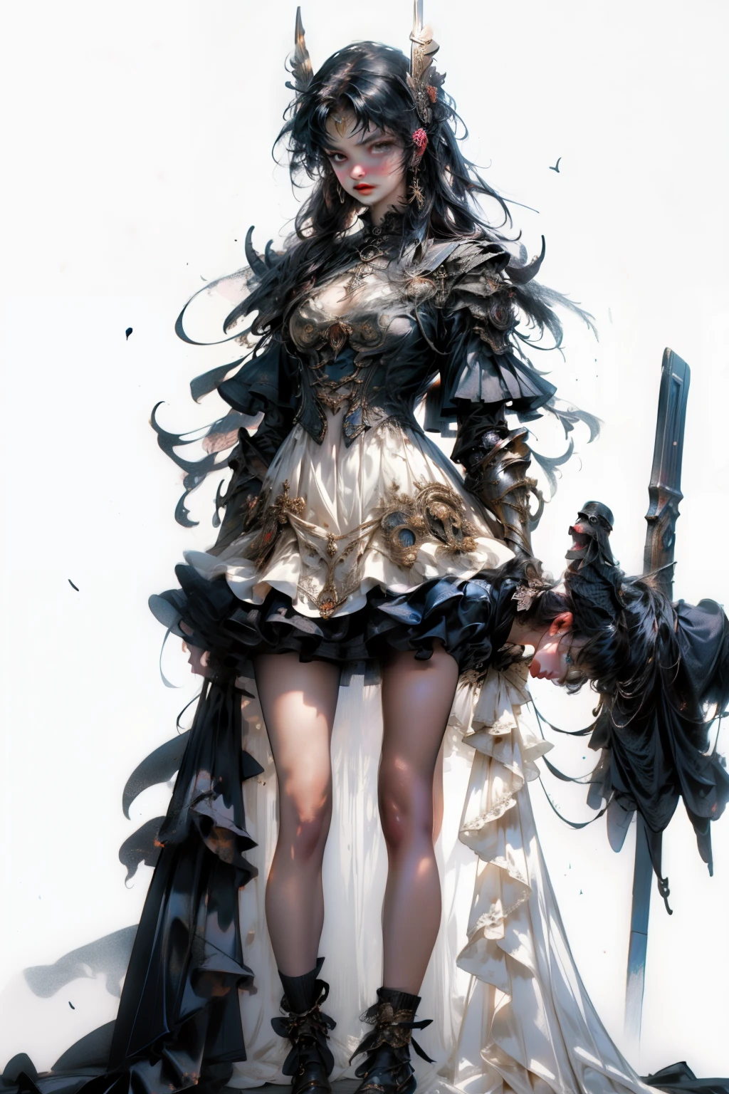 ((best quality)), ((masterpiece)), (detailed), blank white background, plain background, white background, Bloodborne inspired,  occult aesthetic, occult, detailed and intricate steampunk and detailed gothic, NSFW, Very dramatic and cinematic lighting, cosmic horror, grim-dark, side-lighting, perfect face, a beaituful goddess valkyrie adorned and enshrined in armour, Bloodborne inspired valkyrie, occult aesthetic valkyrie, occult valkyrie, detailed and intricate steampunk and detailed gothic valkyrie, NSFW, Fluttering lace flared long knee length dress with frilly petticoats, knee length dress, pleated petticoats, lolita dress, petticoats gothic lolita, side-lighting, gothic lolita aesthetic, beautiful small breasts, small breasts, full body, whole body, body, plain background, white background, blank background, no background, white background
