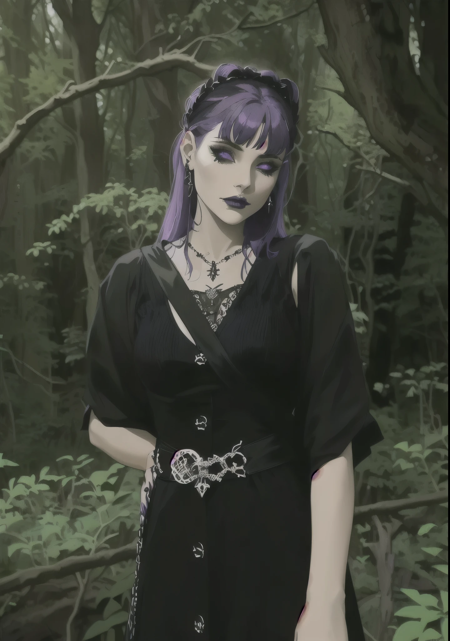 araffe woman with purple hair and a black dress in the woods, witchy clothing, portrait of a goth , witch in the woods, evil fire sorceress in the woods, woman in a dark forest, witchcore clothes, portrait of a young witch, fashionable dark witch, gothic clothing, wearing gothic accessories, wearing a gothic dress