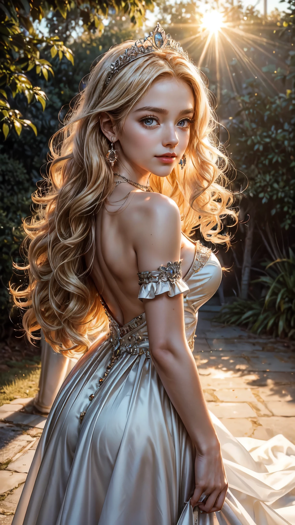 ((RAW shooting:1.5, realistic:1.5, 8K, highest quality, masterpiece, ultra high resolution)), Inside the luxurious British Royal Palace, professional camera work:1.3, Highly detailed skin and facial textures:1.3, glow light effect, Super detailed:1.3, cute 15 year old british princess, Fair skin, Glossy skin, (elegant:1.4, small face), Ultimate Cute Face:1.5, (cute eyes:0.9, looking far away), smile:1.0, (mouth slightly open:0.4, Cute mouth:0.7), double eyelid, ((super long white blonde curly hair)), tiara, necklace and earrings, ((How to wear an elegant and shiny satin princess dress off the shoulders correctly)), big breasts, cowboy shot, ((sunrise, sunlight shining from behind:1.6, Strong sunlight spreads across the screen:1.6)), ((Strong sunlight shines on a woman:1.7)), detailed face, detailed hands, detailed eyes
