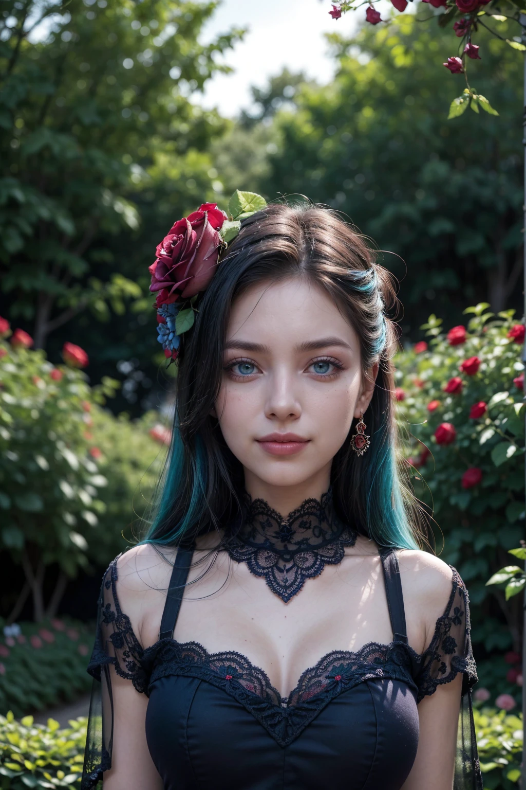warm smile, mujer encantadora, (Espartilho com Bojo, made in Laise Poá and Lace, red, black, blacked, blue, sky blue, light blue, multicolored), (in a garden full of roses), hourglass body, green eyes, detailed eyes, perfect eyes, lips, pink lipstick, makeup