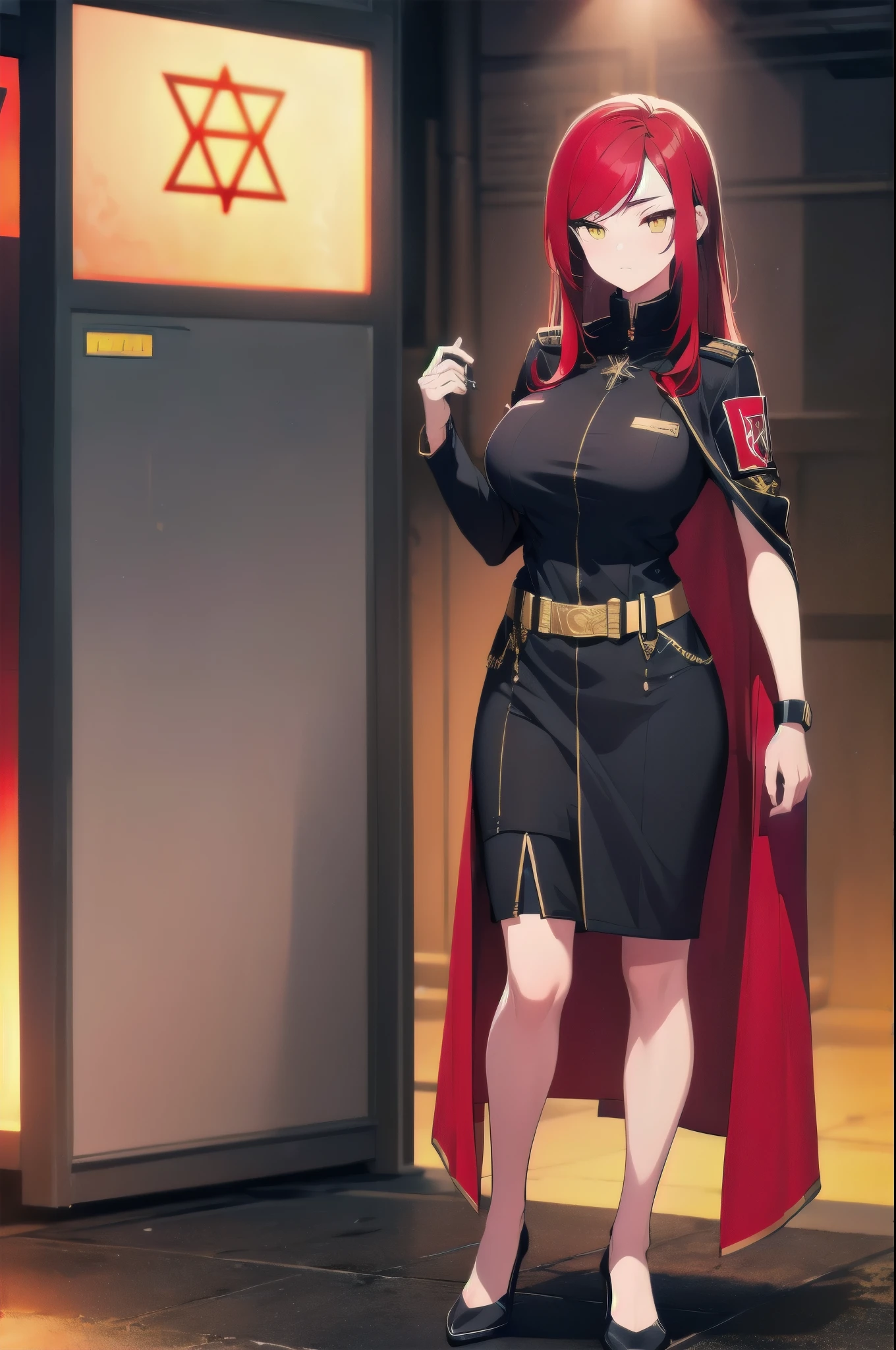 (masterpiece:1.37), woman, mature, extremely detailed eyes and face, long straight hair, (red hair:1.5), yellow eyes, military uniform, cloak, futuristic, science fiction, hologram armband, unicursal hexagram-shaped pupils, standing, large breasts, futuristic, science fiction, hologram armband, best quality, 8k, highres, ultra-detailed, studio lighting, ultra-fine painting, sharp focus, physically-based rendering, extreme detail description, professional, vivid colors, bokeh, extreme attention to detail, tsurime, messy bangs, long bangs, bright red hair highlights, two-tone hair, full body