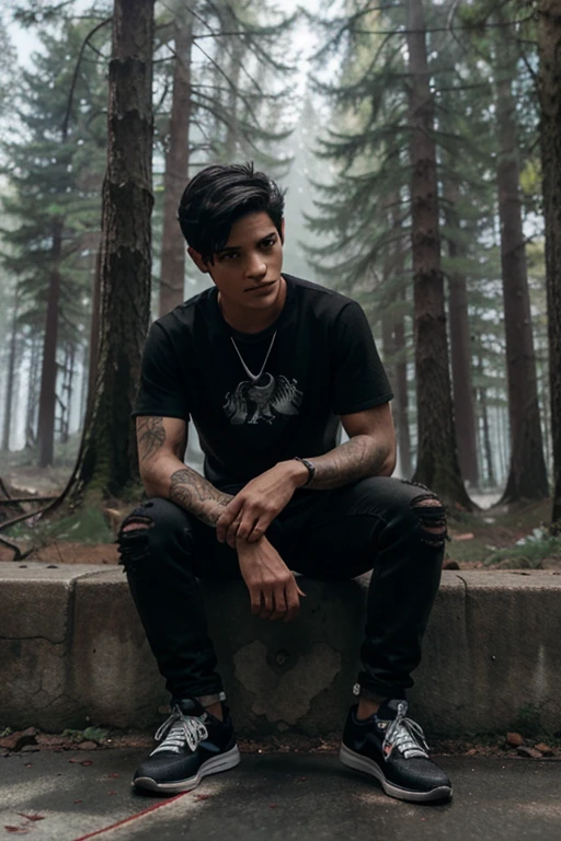 Tyler Posey, Scott McCall, Wolf, 18 years old, short messy black hair, brown eyes, red t-shirt with black wolf print, dark black jeans, black sneakers, silver pendant, white wolf print. Forest background with fog aura around black color.