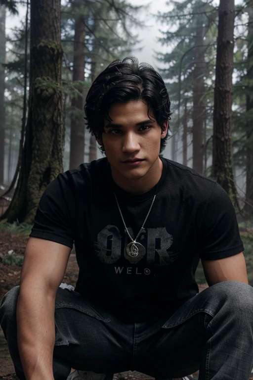 Tyler Posey, Scott McCall, Teen Wolf, 18 years old, short messy black hair, brown eyes, red t-shirt with black wolf print, dark black jeans, black sneakers, silver pendant, white wolf print. Forest background with fog aura around black color.