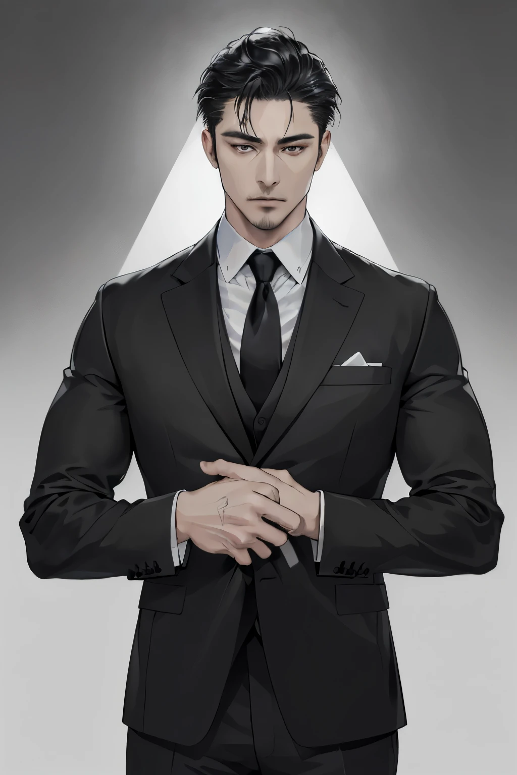 (High resolution: 1.4), (Hyper-realistic realism: 1.4), (8K, Best quality), (Masterpiece: 1.4), (Sharp vision: 1.2),
(1 businessman: 1.4), Japanese heritage, black suit, white shirt, (serious expression), (Finely detailed: 1.2), calm demeanor, (confident posture), black tie, well-groomed hair,
(1 mercenary: 1.4), (Tactical outfit: 1.4), camouflage, helmet, tactical vest, (grim expression), (Highly detailed:
