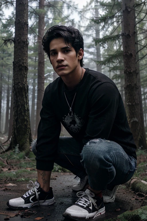 Tyler Posey, Scott McCall, Teen Wolf, 18 years old, short messy black hair, brown eyes, red t-shirt with black wolf print, dark black jeans, black sneakers, silver pendant, white wolf print. Forest background with fog aura around black color.