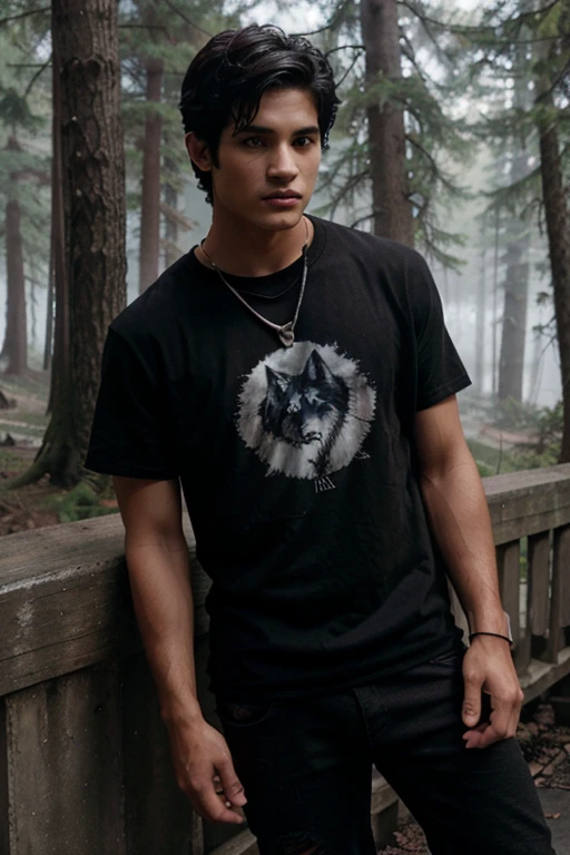 Tyler Posey, Scott McCall, Teen Wolf, 18 years old, short messy black hair, brown eyes, red t-shirt with black wolf print, dark black jeans, black sneakers, silver pendant, white wolf print. Forest background with fog aura around black color.