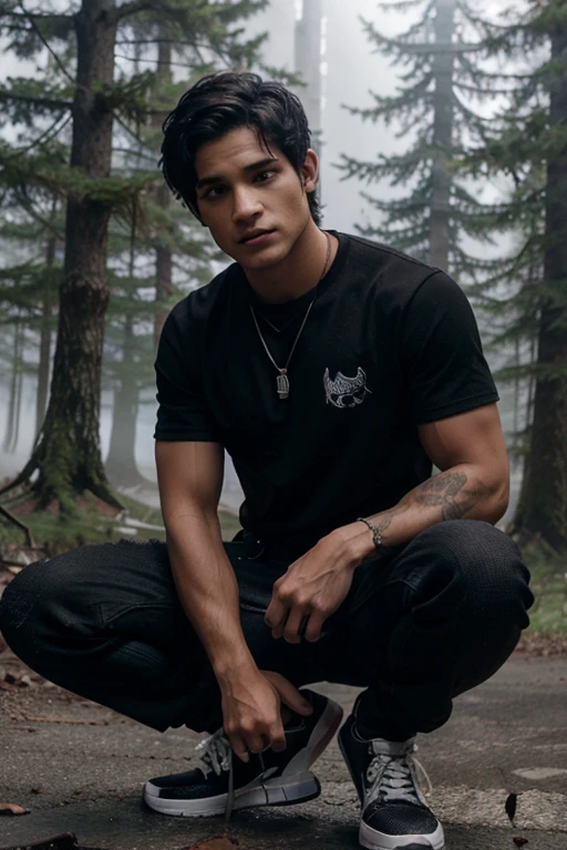 Tyler Posey, Scott McCall, Wolf, 18 years old, short messy black hair, brown eyes, red t-shirt with black wolf print, dark black jeans, black sneakers, silver pendant, white wolf print. Forest background with fog aura around black color.