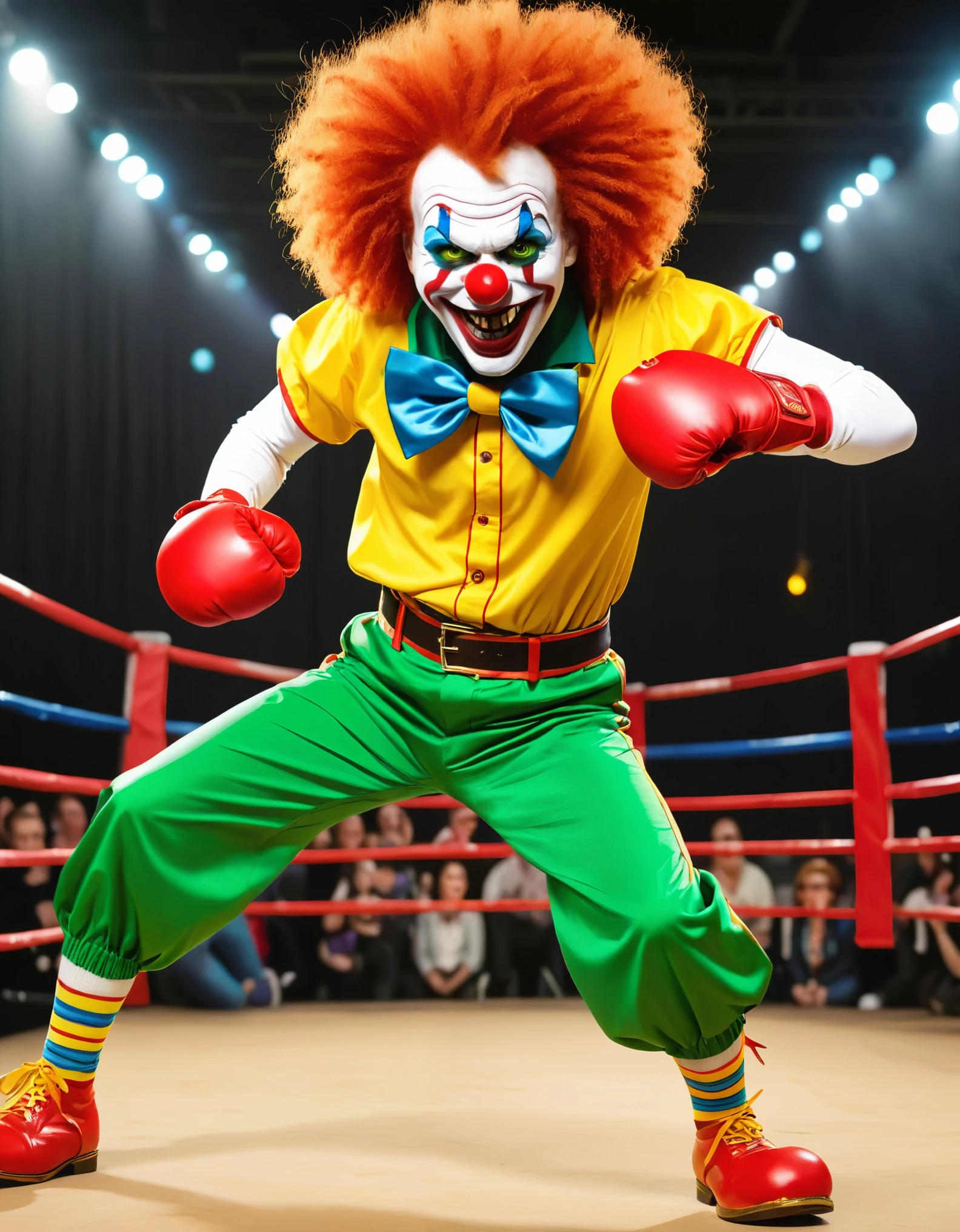 masterpiece, best quality, hires, solo, solo focus, 1man, alien, cartoon, wacky, clown costume, red clown nose, cartoon eyes, evil clown, curly orange hair, afro hair, green eyes, yellow teeth, large boxing gloves, circus tent backdrop, male focus, jumping, evil grin, villain, wacky atmosphere, green skin, white clown makeup, (red boxer shorts), solo, full body, cowboy shot, (bow tie), dynamic fighting stance pose, standing, socks, clown shoes, white shirt