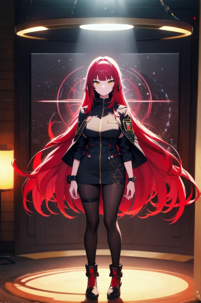 (masterpiece:1.37), woman, mature, extremely detailed eyes and face, long straight hair, (red hair:1.5), yellow eyes, military uniform, cloak, futuristic, science fiction, hologram armband, unicursal hexagram-shaped pupils, standing, large breasts, futuristic, science fiction, hologram armband, best quality, 8k, highres, ultra-detailed, studio lighting, ultra-fine painting, sharp focus, physically-based rendering, extreme detail description, professional, vivid colors, bokeh, extreme attention to detail, tsurime, messy bangs, long bangs, bright red hair highlights, two-tone hair, full body