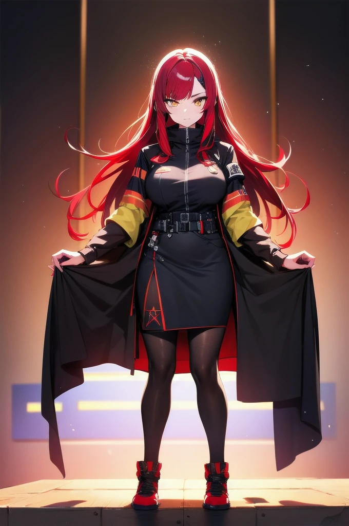 (masterpiece:1.37), woman, mature, extremely detailed eyes and face, long straight hair, (red hair:1.5), yellow eyes, military uniform, cloak, futuristic, science fiction, hologram armband, unicursal hexagram-shaped pupils, standing, large breasts, futuristic, science fiction, hologram armband, best quality, 8k, highres, ultra-detailed, studio lighting, ultra-fine painting, sharp focus, physically-based rendering, extreme detail description, professional, vivid colors, bokeh, extreme attention to detail, tsurime, messy bangs, long bangs, bright red hair highlights, two-tone hair, full body