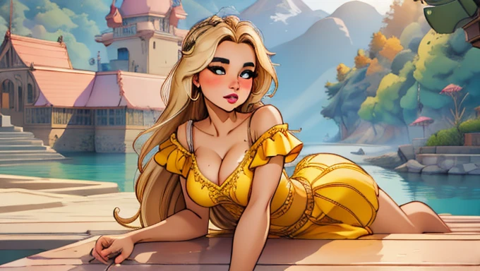 1 girl, Natural photography of a beautiful girl, wearing a loose crop top, leaning over, long blonbe hair, big bust, locks eyes into the camera, symmetrical eyes, symmetrical face, (masterpiece) (best quality) (detailed) (8k) photorealistic, photography, path tracing, specular lighting, volumetric face light, path traced hair, visible shadows, intricate, elaborate, oiled boobs, cleavage, wet skin, flirty, freckles, blush, dark eyeliner, hanging breasts, girl bending over, strap gap