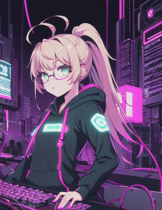 (Monika, green eyes, ponytail, gorgeous face, very long hair, perfect body), (masterpiece, best quality, highly detailed), (cyberpunk:1.2), (neon:1.5), (hacker:1.5), (glasses:1.2), (hoodie:1.2), (wires:1.2), (keyboard:1.2), (glitching:1.2), 