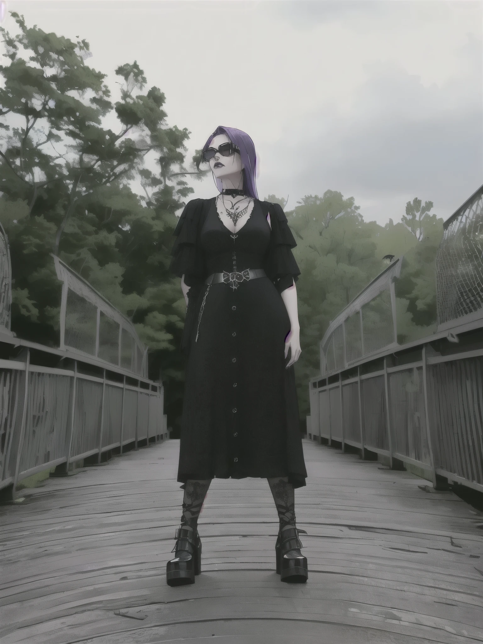 araffe woman with purple hair and sunglasses standing on a bridge, on a bridge, standing on a bridge, outfit: cop, cinematic outfit photo, wearing a dark dress, witchcore clothes, grimdark vibes, witchy clothing, wearing a gothic dress, dark clothing, wearing modern gothic clothes, dark vibes, dark clothes, goth vibe, dark dress, full portrait