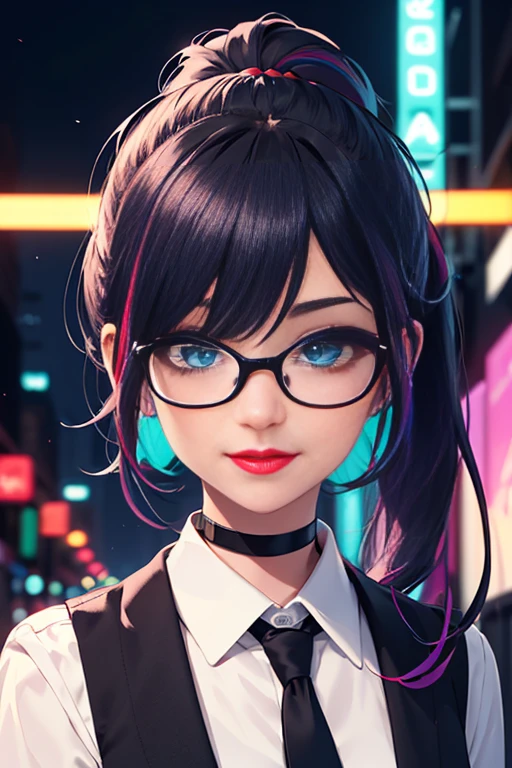 ((best quality)), ((masterpiece)), detailed eyes, perfect face, female, gamer girl, aqua eyes, cherry-red lips, light smile, long black hair with purple streaks, two ponytails, nerdy glasses with black lens frame, bangs, choker, white shirt, red tie, nighttime, neon lights, colorful lights