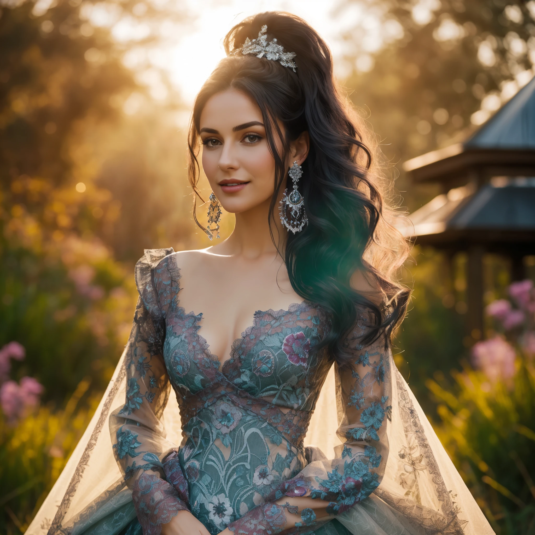 create photorealistic A woman standing in a field of tall grass and flowers with a gothic style and a smile. She has long, wavy dark hair blowing in the wind and light makeup with a hint of dark lipstick. She is wearing a sheer black blouse with intricate lace details and a deep V-neck, paired with high-waisted dark pants. She is adorned with dangling earrings and layered silver necklaces. The scene has a soft, warm glow with a blurred background, highlighting the woman's serene and elegant presence amidst the natural surroundings.
