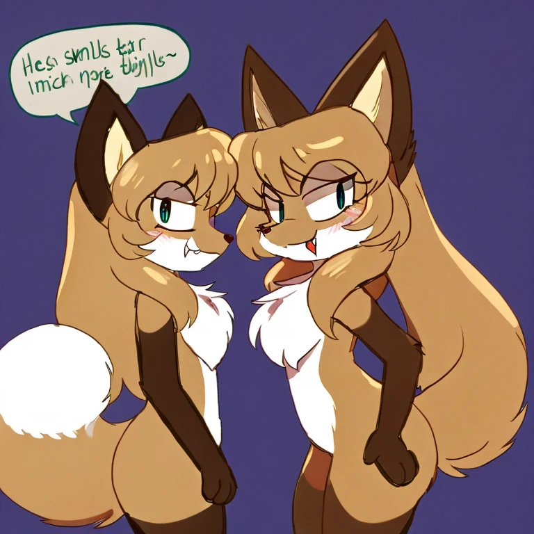 uploaded the e621, beautiful and detailed, woman (((female))) ((anthro)) Fox, (Averi, Fox girl), cinematic lighting, Fox, (anthro, fluffy fur), 1girl, anthro fox girl, body fur, curvy, sexy, nice, cute, hot, comfortable anime-style cartoon-style, digital drawing, SFW, flat chest, nervous smiling, sassy, sassy hips, smug, fangs, simple background, speech bubble, green eyes, side view, looking at viewer, 2 girls