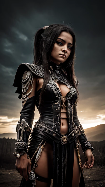 High resolution ultra detailed photography of a female necromancer with a bone scythe in her hand, female necromancer with clothes made of bones, female necromancer in a standing threatening pose looking towards the camera, photo background gloomy at night, The female necromancer's face is that of a Native American woman, face clearly detailed with red eyes