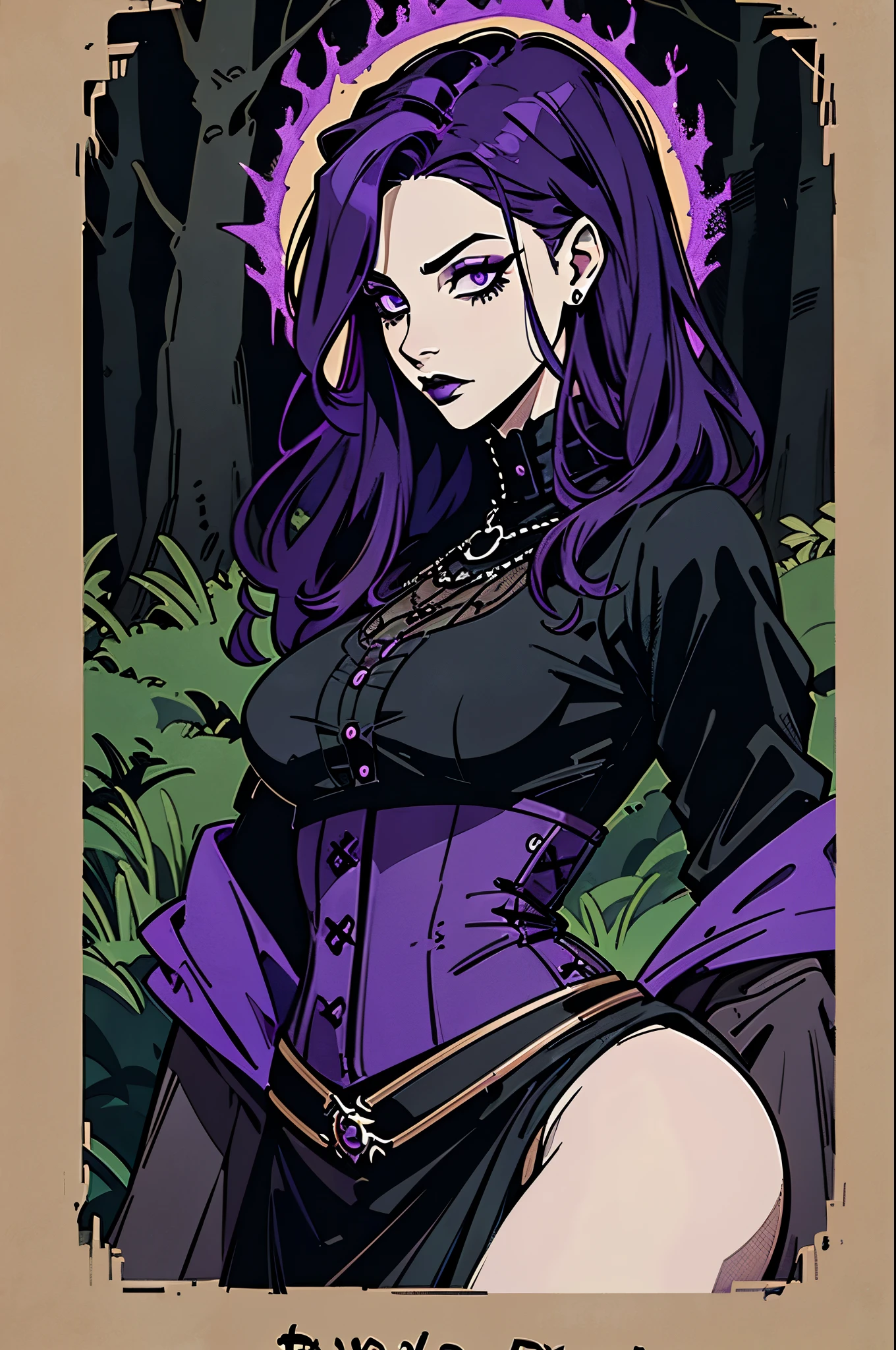 araffe woman with purple hair and a black dress in the woods, witchy clothing, portrait of a goth , witch in the woods, evil fire sorceress in the woods, woman in a dark forest, witchcore clothes, portrait of a young witch, fashionable dark witch, gothic clothing, wearing gothic accessories, wearing a gothic dress
