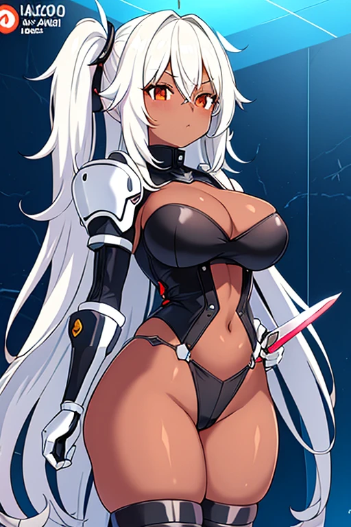 1girl, dark-skin, dark-skinned female, white hair, long hair, black leotard, white trim, large breasts, thick thighs, belt, thighhighs, pantyhose, knife, mature female, milf, toned, tall, shoulder armor, sleeves, long sleeves, gloves, elbow gloves, neon, neon trim, neon lights, futuristic, science-fiction, tech, machinery, anime style, 2d, anime screencap, ((anime style)), ((2d)), ((anime screencap))