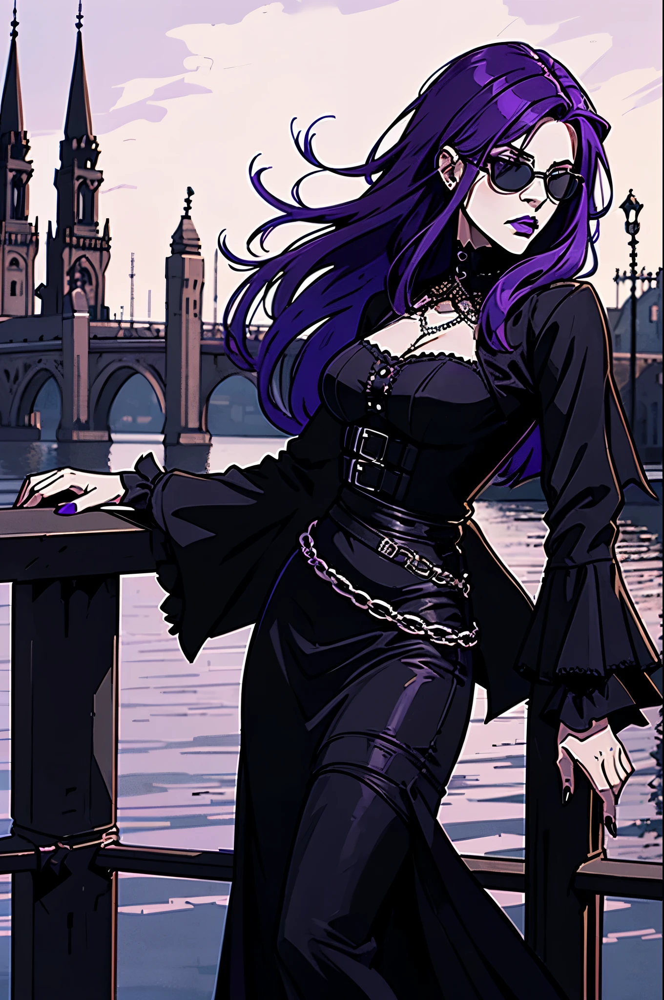 araffe woman with purple hair and sunglasses standing on a bridge, on a bridge, standing on a bridge, outfit: cop, cinematic outfit photo, wearing a dark dress, witchcore clothes, grimdark vibes, witchy clothing, wearing a gothic dress, dark clothing, wearing modern gothic clothes, dark vibes, dark clothes, goth vibe, dark dress, full portrait
