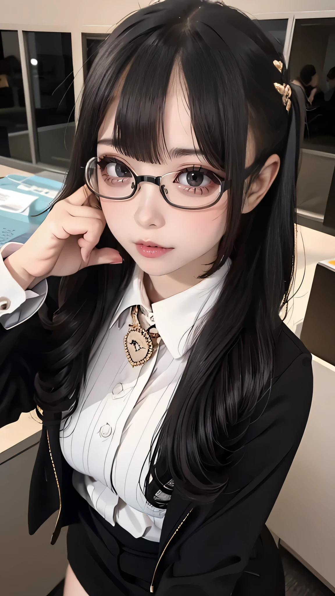 1woman,random office lady fashion,(Thin type),(large breasts),(random sexy pose),(random hairstyle),(Highest image quality,(8K), Ultra-realistic, Best Quality, High quality, High Definition, high quality texture, high detailing, Beautiful detailed, fine detailed, extremely details CG, Detailed texture, realistic representation of face, masterpiece, presence),(wearing glasses:1.2),black pantyhose