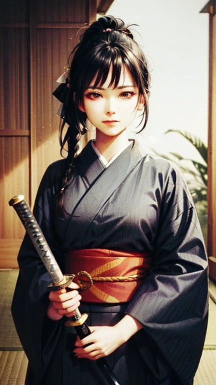 (masterpiece), (Best quality), 1 chubby girl, samurai, (very tousled dark brown tousled long hair tied in a ponytail)(dark brown sparkling eyes, long eyelashes), holding a katana sword, help, black men's kimono, Japanese house background, detailed gorgeous face, perfect shading, dramatic lighting, very detailed, complex parts, whole body completely, standing