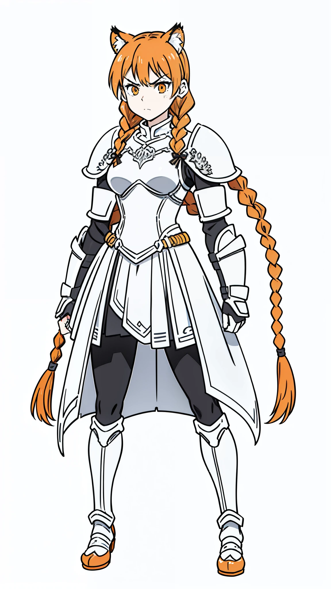 (1girl,20 years old,mature female,solo),tiger ears,long hair,(twin braids),orange hair,knight armor,(white background,line drawing),perfil,angry,(black pantyhose)