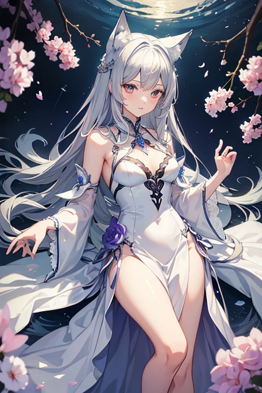 masterpiece, highest quality, High resolution,Anime Style、Silver Hair、Wolf ears and tail、long、Dress with open chest