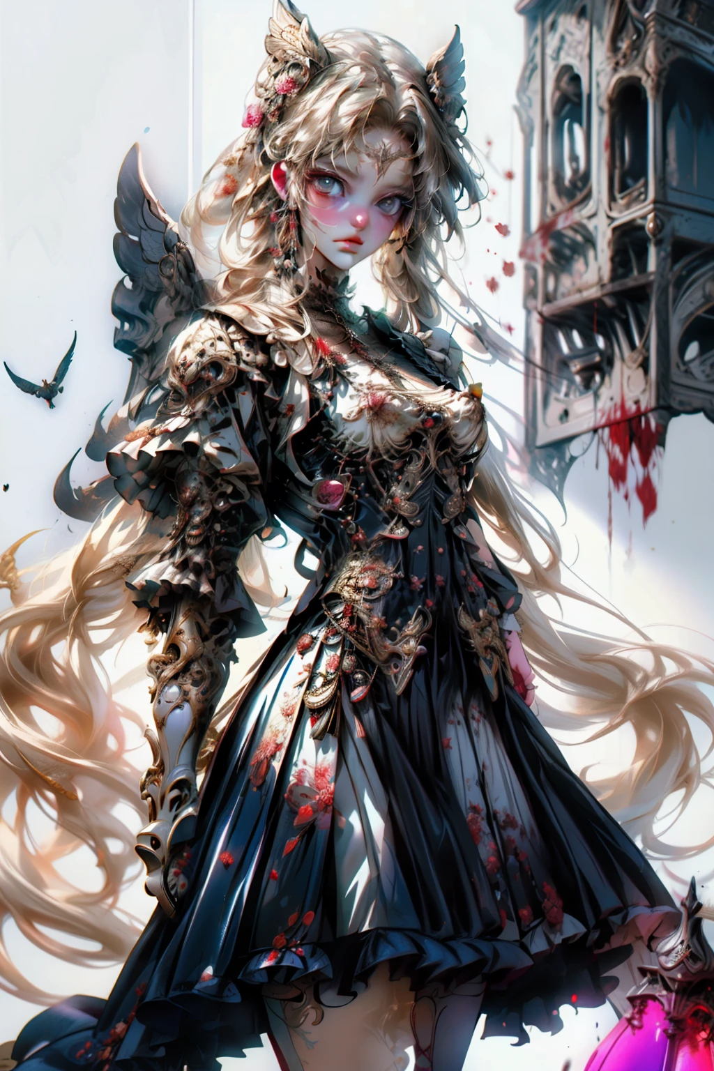 ((best quality)), ((masterpiece)), (detailed), blank white background, plain background, white background, Bloodborne inspired, occult aesthetic, occult, detailed and intricate steampunk and detailed gothic, NSFW, Very dramatic and cinematic lighting, cosmic horror, grim-dark, side-lighting, perfect face, a beaituful goddess valkyrie adorned and enshrined in armour, Bloodborne inspired valkyrie, occult aesthetic valkyrie, occult valkyrie, detailed and intricate steampunk and detailed gothic valkyrie, NSFW, Fluttering lace flared long knee length dress with frilly petticoats, knee length dress, pleated petticoats, lolita dress, petticoats gothic lolita, side-lighting, gothic lolita aesthetic, beautiful small breasts, small breasts, full body, whole body, body, plain background, white background, blank background, no background, white background